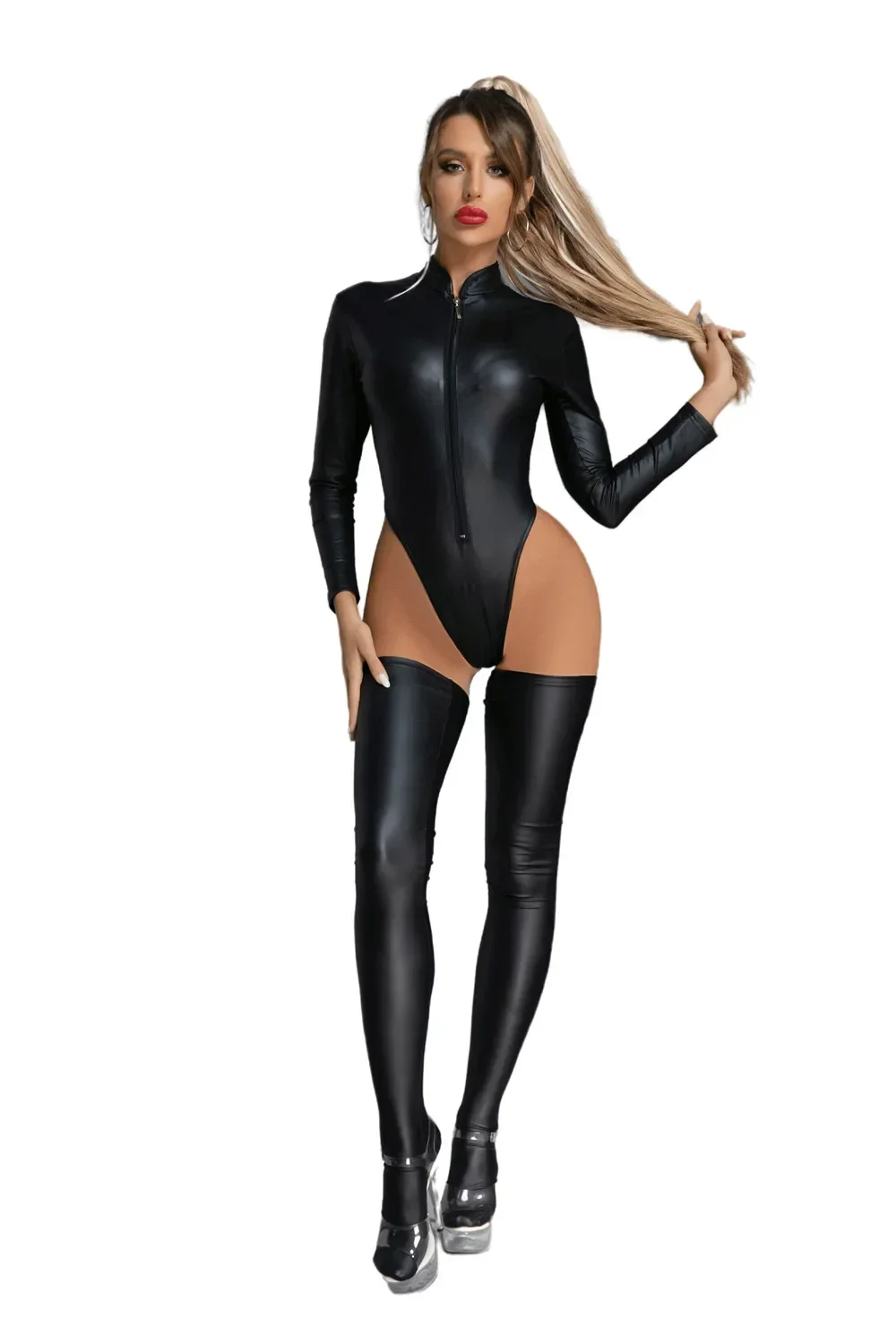 Sexy Lady Wetlook Faux Leather Catsuit With Stocking PVC Latex Bodysuit Open Crotch Clubwear Fetish Erotic Lingerie