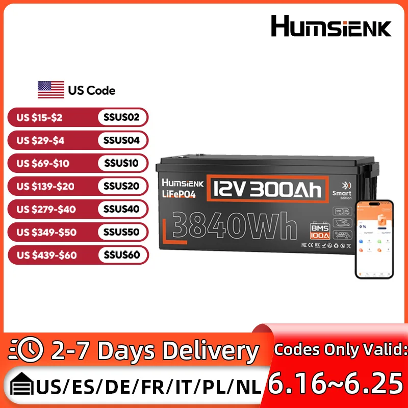 

Humsienk 12V 300Ah LiFePO4 Battery Bluetooth 100A BMS For RV/ Vans/ Camping/ Home Storage/ Lithium Iron Phosphate Battery