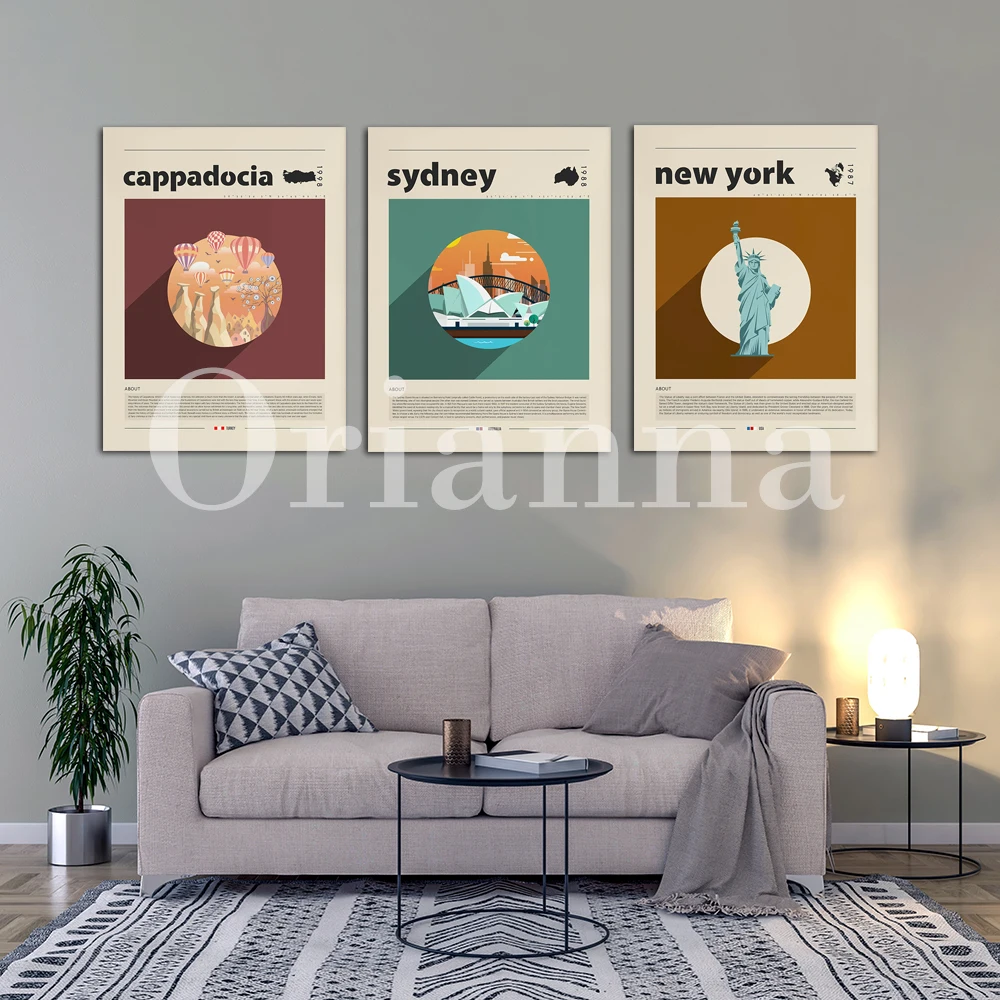 Sydney Washington New York Pisa Paris Barcelona Agra Dubai Roma London Cappadocia Cairo Lima City Poster Mid Century Wall Print