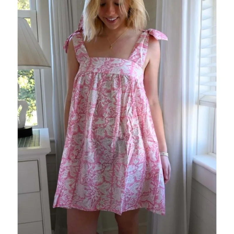 Mini abiti da donna con cravatta floreale sulla spalla Nuovo fiocco con collo quadrato Abito da babydoll Boho Flowy Vestito estivo 2025 Abiti estivi da spiaggia