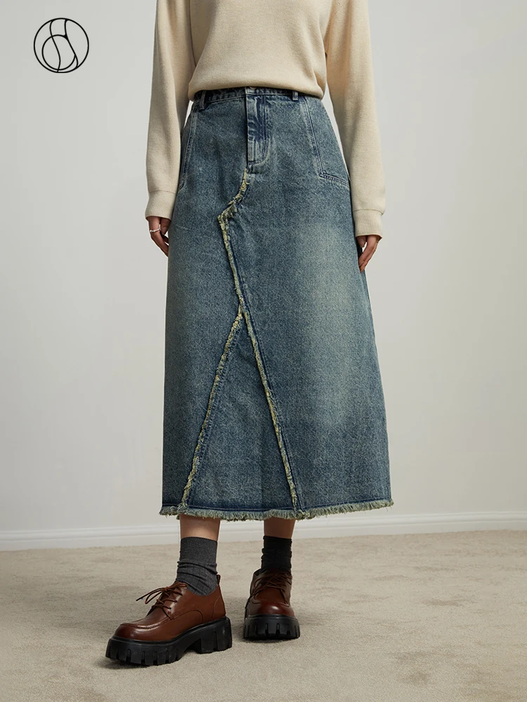 Dushu Twee Lange Damesrokken Hoge Taille Retro Denim Blauwe Vrouwelijke A-Lijn Rok Asymmetrisch Ruw Randontwerp Winter Denim Rok