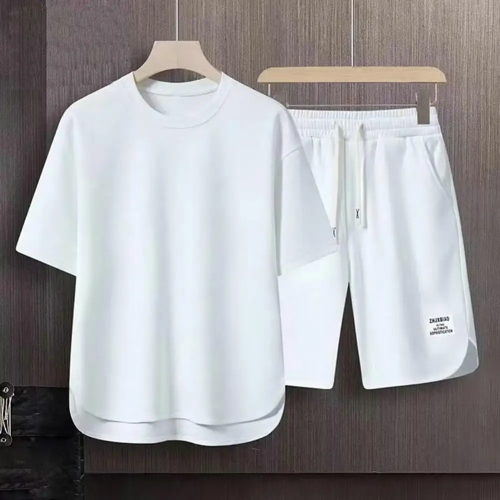 Round Neck Short-sleeved T-shirt Set Letter Print  Sportswear Summer 2 Pieces Set Drawstring Wide Leg Shorts Set Male Activewear