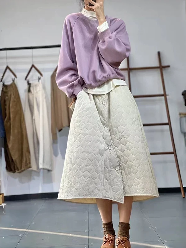 Faionable coréen Sle hiver marque femmes coton matelassé diamant id simple rangée inclinée bleu f jupe jupe Midi