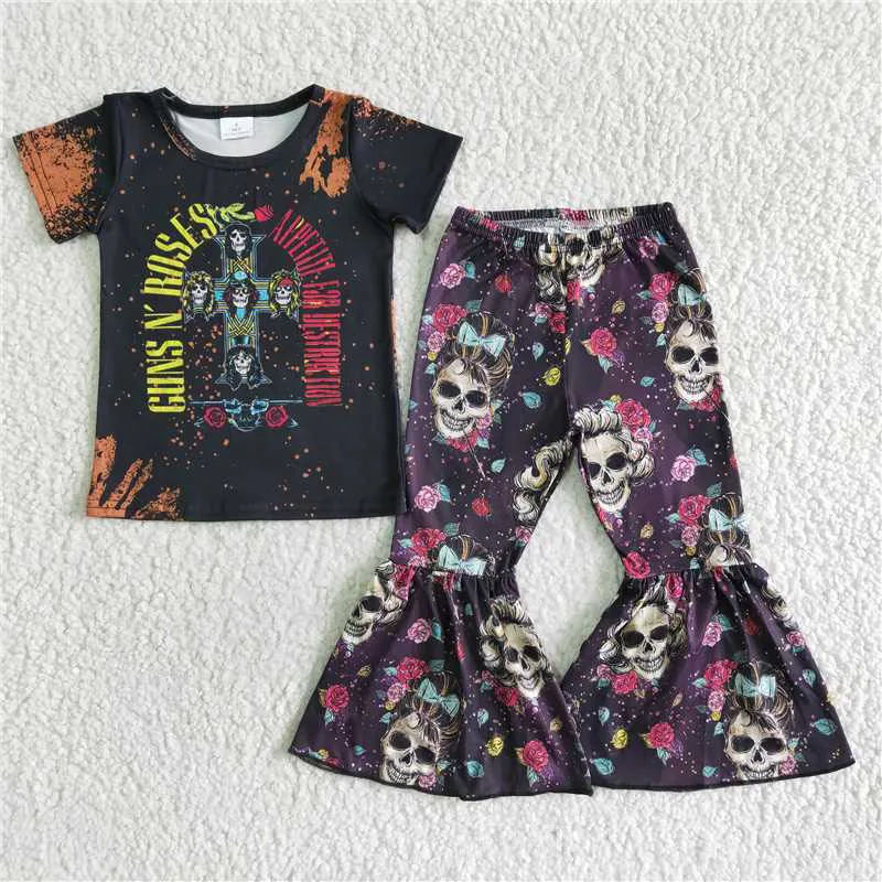 

Teen baby clothes short sleeve Letter Black top and floral Print Black long bell-bottomed design pants 2 pieces girl set