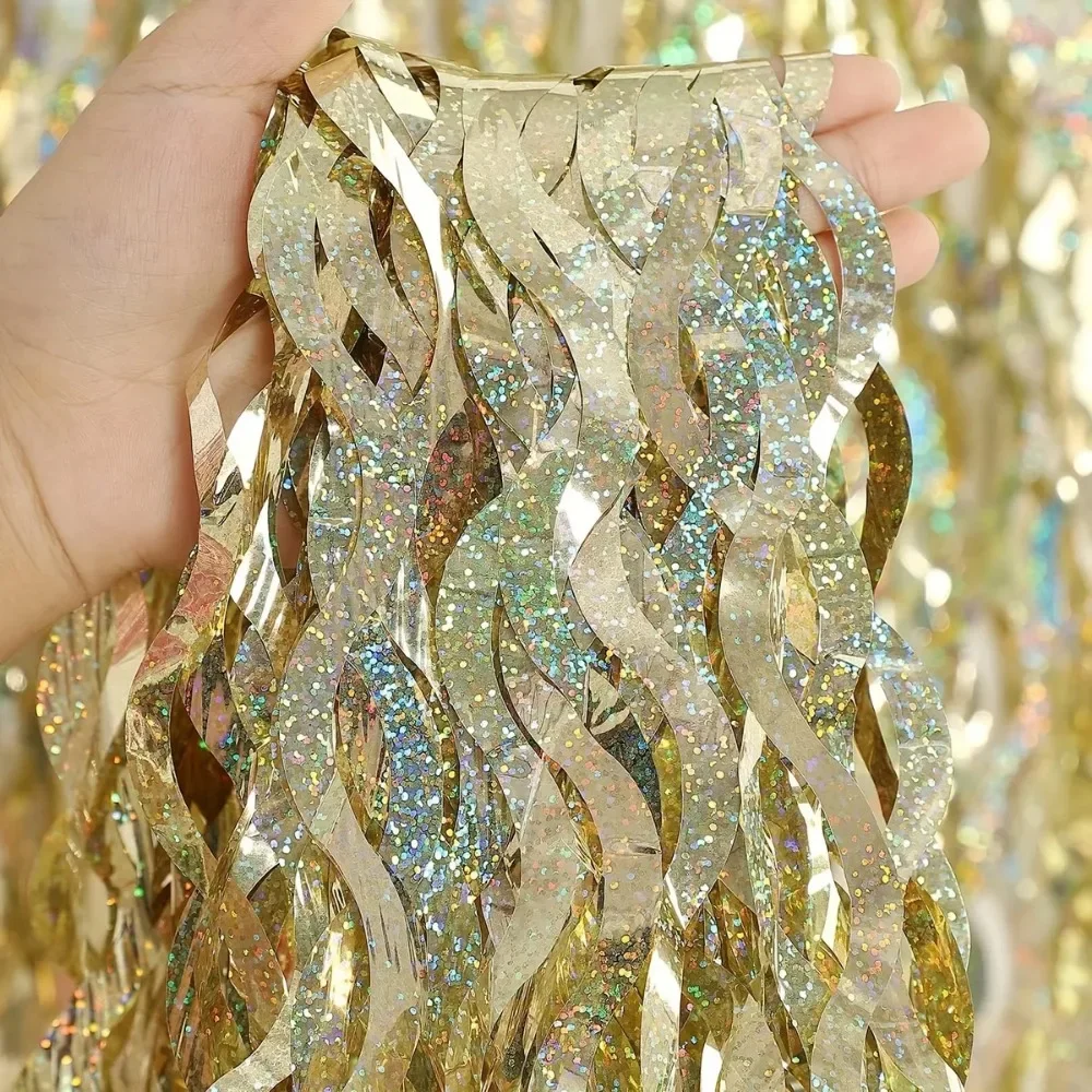 Gold Foil Fringe Curtain 4Pcs Shimmer Party Backdrop Gold Foil Fringe Curtain