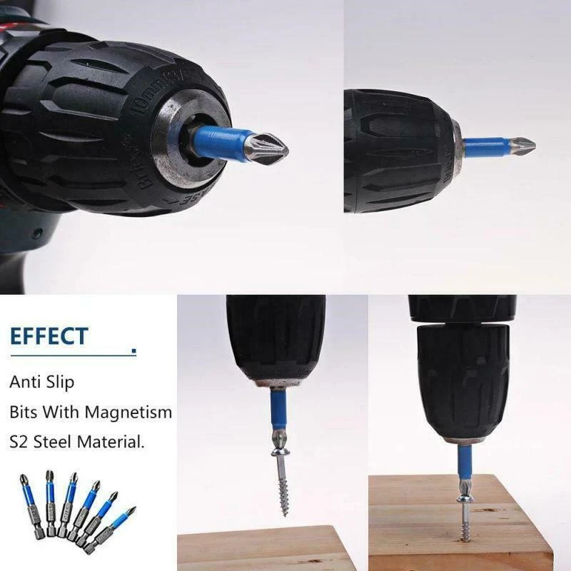 Chave de fenda magnética antiderrapante Bit Set, Hex Shank, Phillips, cabeça cruzada, broca PH2, 50mm, 1/4 ", 7Pcs