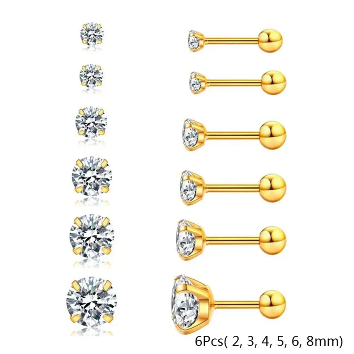 2/6/12pcs 20G Inlaid Cubic Zirconia Stud Earrings,Stainless Steel Screw Back Barbell Studs Daith Tragus Cartilage Earrings