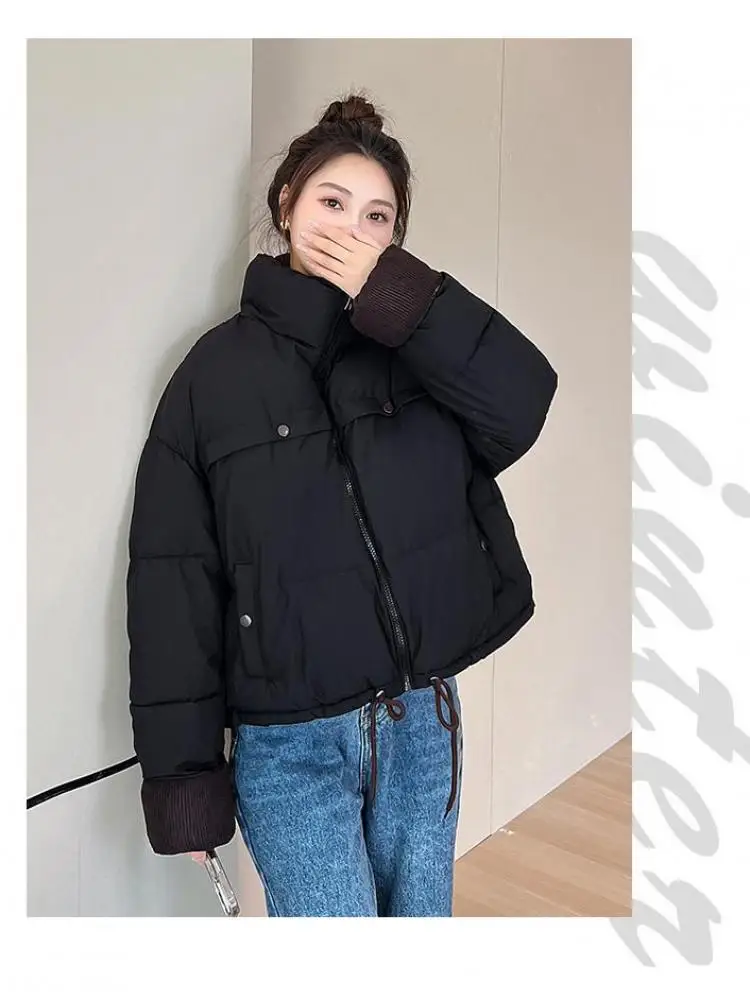 

Korean Fashion Women's Solid Long Sleeved Short Cotton Coat 2025 Winter New Vintage Festival Zipper Pocket Casual Thick Popular