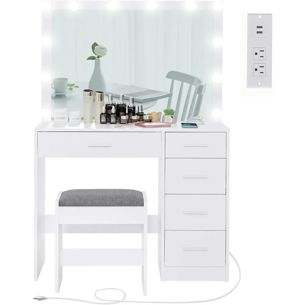 Usikey Makeup Vanity with 12 Lights, Vanity Desk with Power Outlet, Makeup Vanity Table with 5 Drawers, Large Mirror, Dressing V