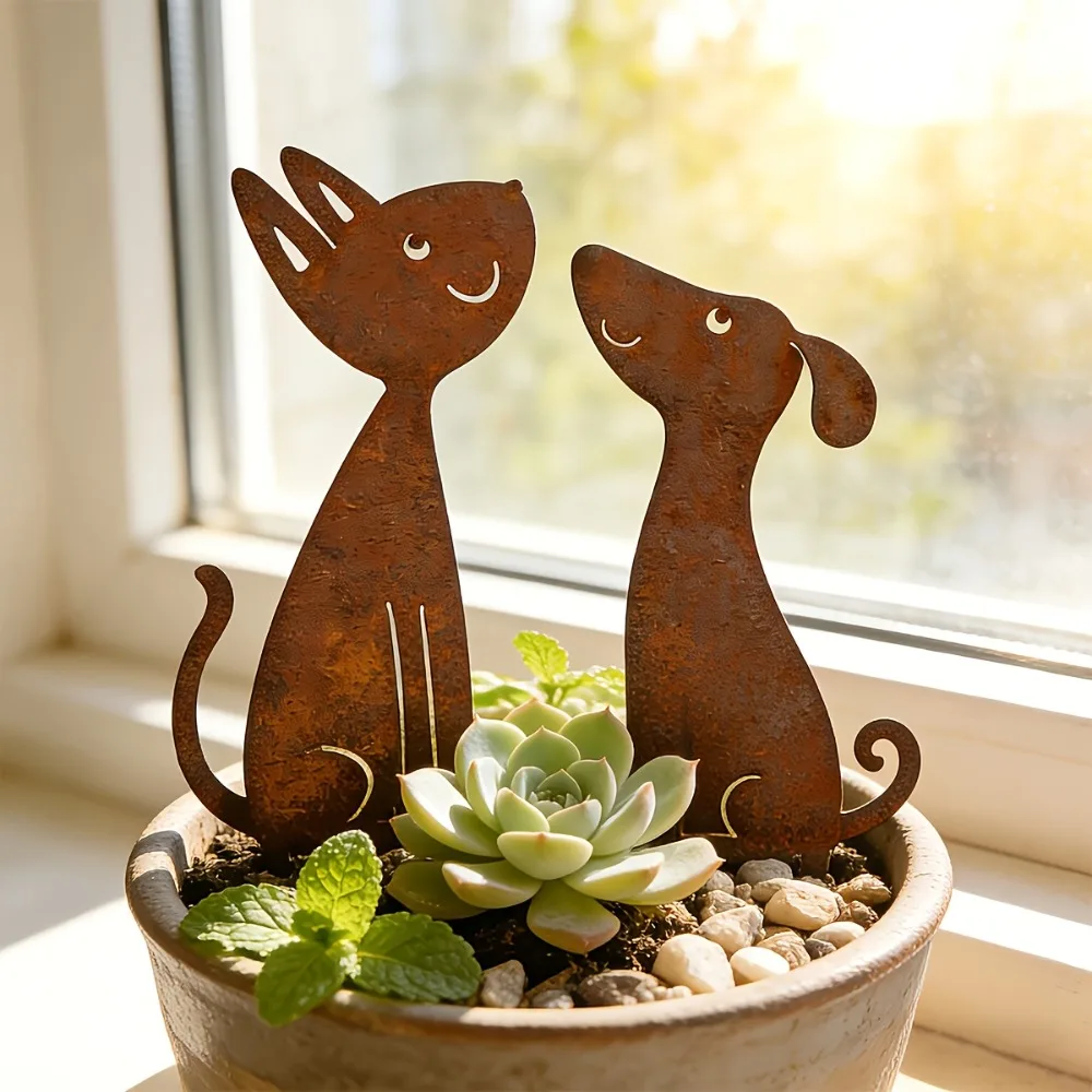 CIFBUY Estacas de hierro para jardín, silueta de gato y perro, decoración para patio, plantas en maceta, paisajismo de balcón, adorno colgante de mascota adorable