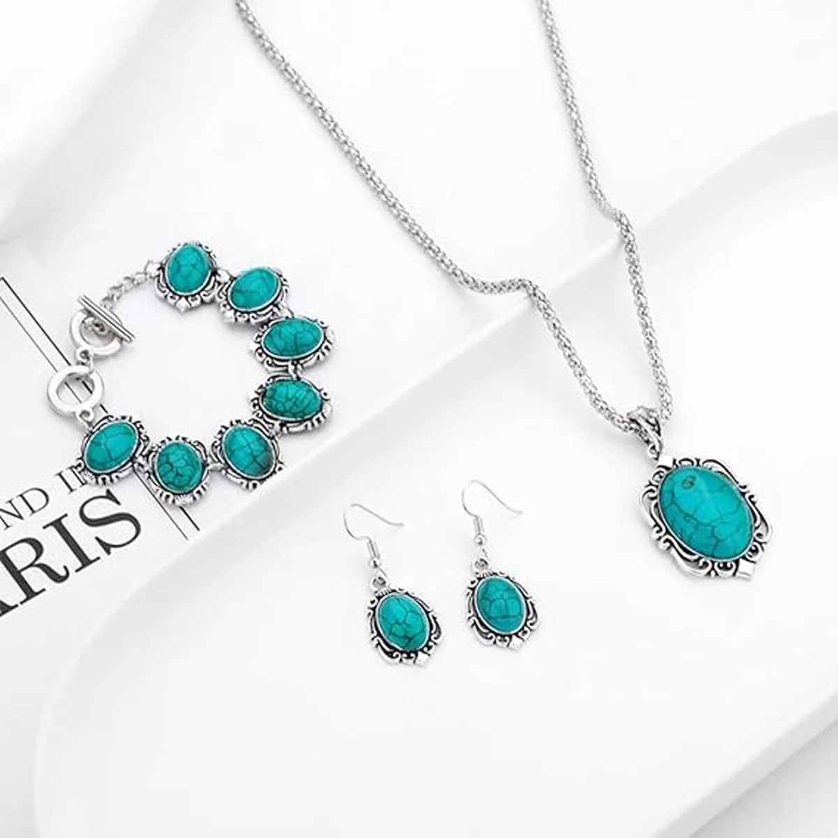 3pcs Women\'s Vintage Turquoise Bracelet Necklace Earrings Set, Healing Stone Decoration Gift(Without Box)