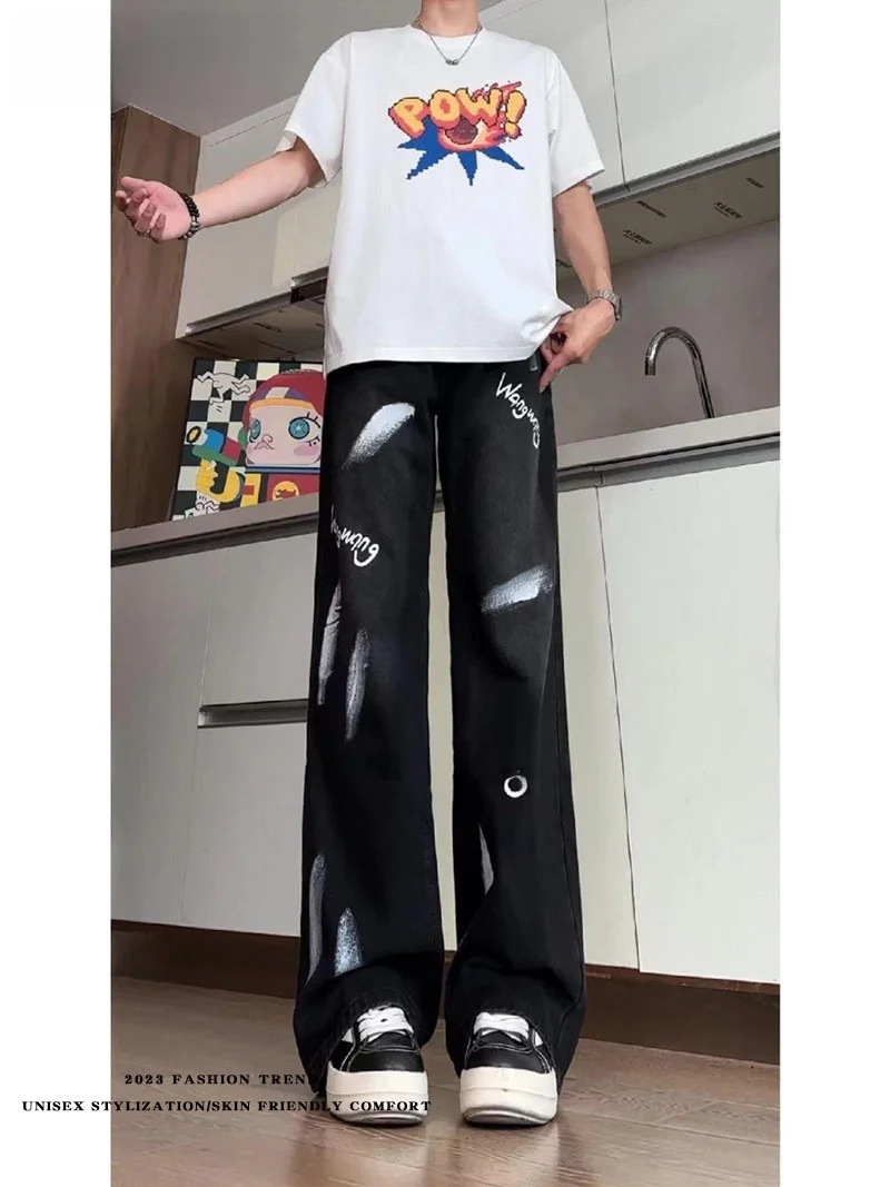 

Bla fiti Dyeing Jeans Men's American High Street Pants Loose Flared Youth Trendy Jeans Youthful ular Geometric Pattern