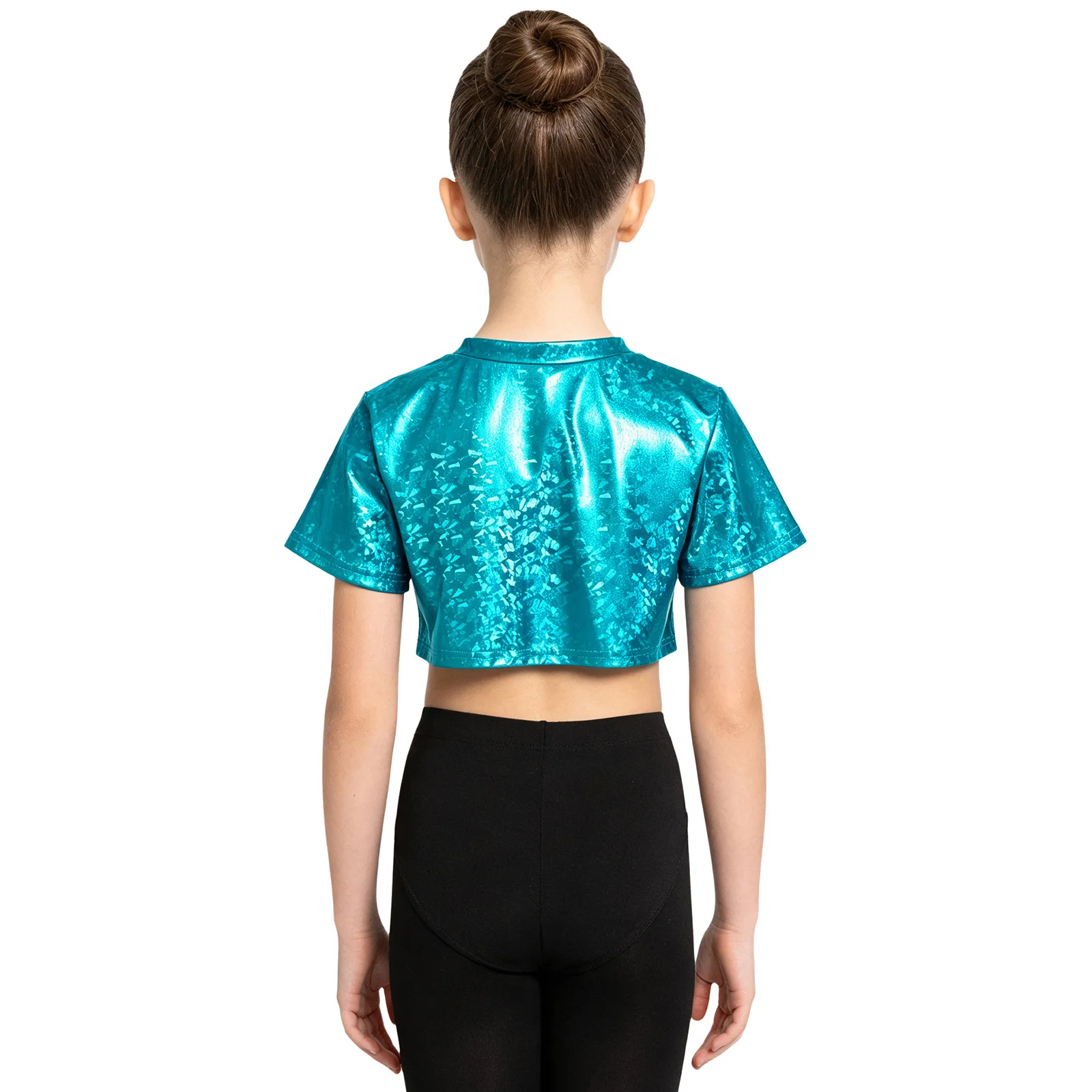 Kids Girls Metallic Crop Top Round Neck Short Sleeves Shiny T-shirt Cheerleading Jazz Disco Hip Hop Dance Performance Costume