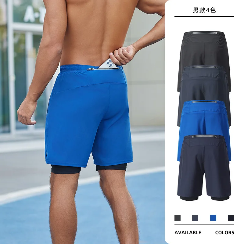 Mens 2 in 1 Double-layer Basketball Training Running Quick Dry Athletic Sports Shorts with Liner Workout Shorts with Zip Pockets