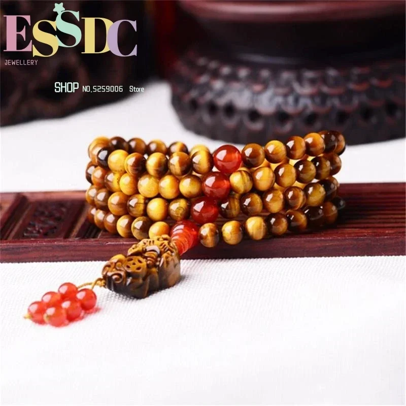 Natural Yellow Tiger Eye Stone Buddhist 108 Beads Bracelet or Necklace with Pixiu Pendant Energy Yoga Healing Jewelry