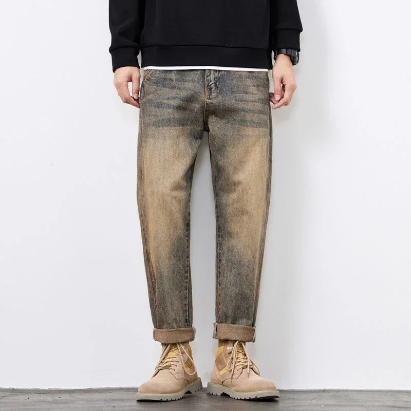 

Foufurieux 2024 New Spring Summer Yellow Mud Jeans Men Loose Straight American Casual Pants Men's Baggy Denim Pants Men Clothing