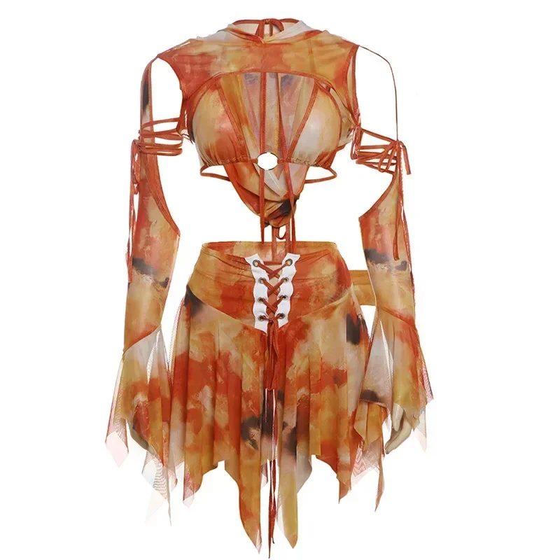 Y2k Sexy Women Butterfly Shape Print Mesh Hooded Dress Outfits Lace-up Irregular Ruffles Dress Party Lady Bandage Cut-out Dress