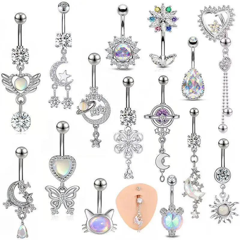Colorful Y2K Stainless Steel Zircon Planet Moon Butterfly Belly Rings Cute Butterfly Body Piercing Jewelry Belly Button Rings