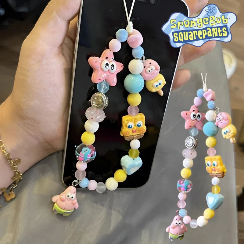 SpongeBob Patrick Star โทรศัพท์สายคล้องจี้การ์ตูนอะนิเมะตกแต่งกระเป๋า Charm CHAIN ผู้หญิงพวงกุญแจรถแบบพกพาสายรัดข้อมือ