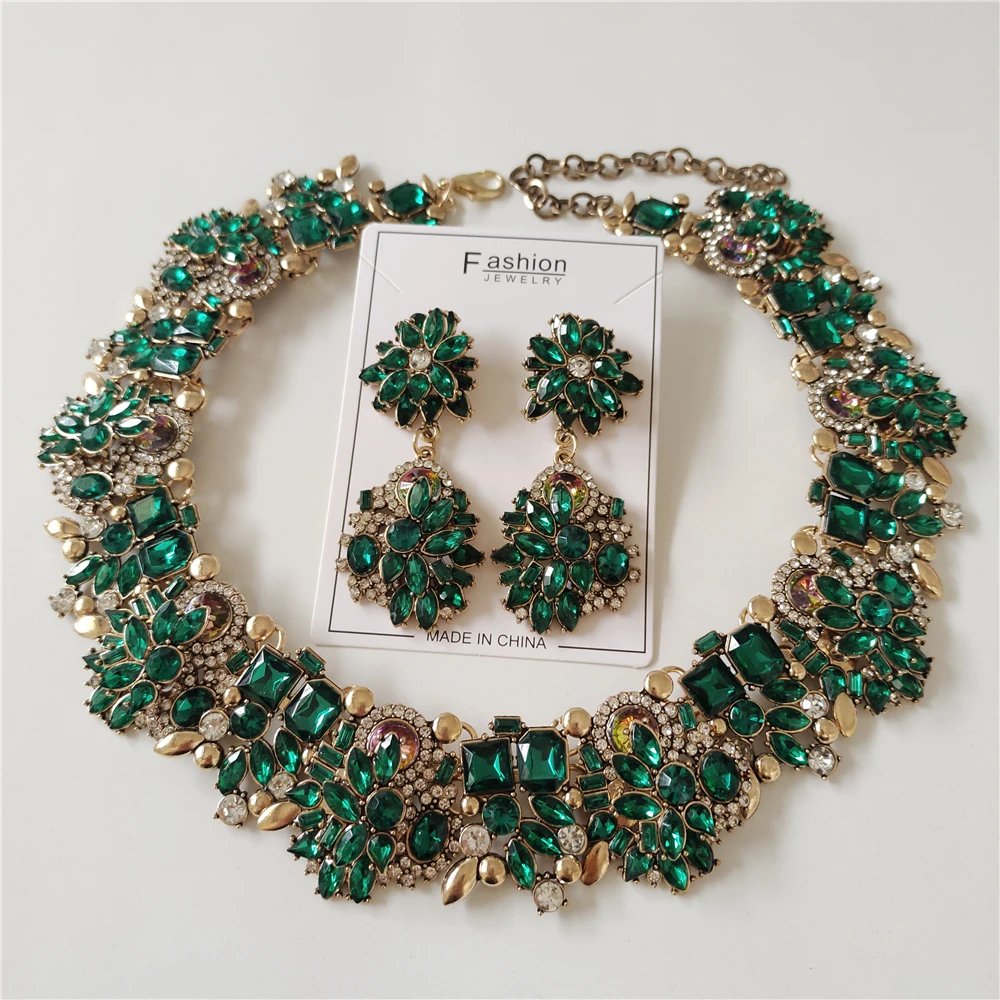 2024 New ZA Trend Green Crystal Rhinestones Necklace Earrings Women Jewelry Sets Indian Statement Large Collar Choker Necklace