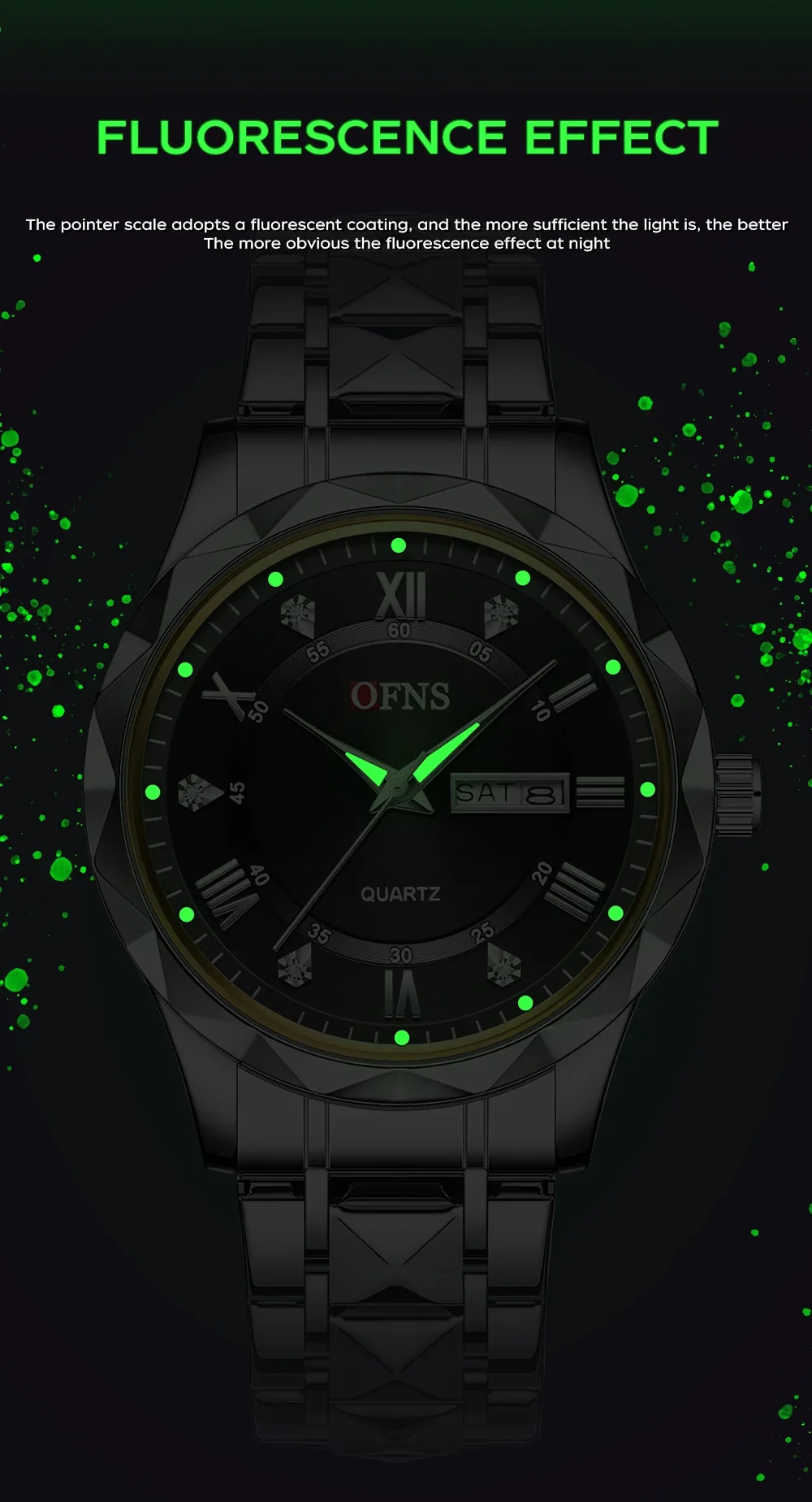 OFNS 7108 패션 비즈니스 남성용 다이아몬드 상감 더블 캘린더 방수 축광 쿼츠 시계 럭셔리 남성용 쿼츠 시계