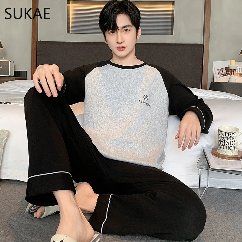 SUKAE Winter Autumn Faux Cotton Men Pajamas Set Leisure Pyjama Boy Sleepwear Casual Homesuit Long Sleeves Pijama Youth Nightwear