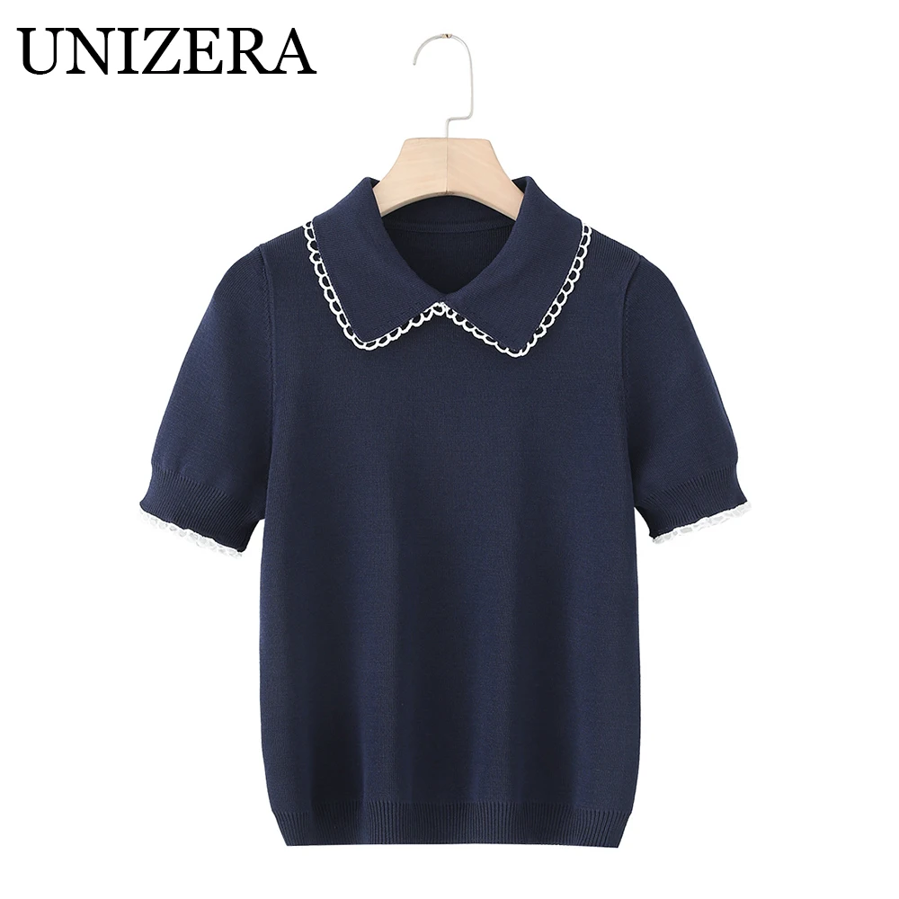 

European and American style autumn new product women's versatile trimmed short sleeved lapel casual knitted top