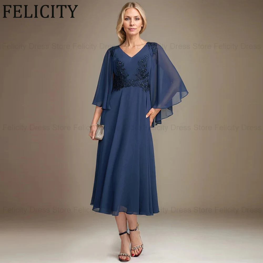 

FELICITY Customized Elegant Mother of the Bride Dress 2025 Chiffon A-line V-Neck Applique Sequins Short Wedding Guest Party Gown