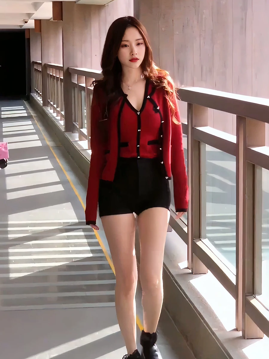 

Red Knitted Open Cardigan And Vest Set Women's Faion Spring Autumn High-End Korean Sle Small Fraance Wind Two-Piece Suit