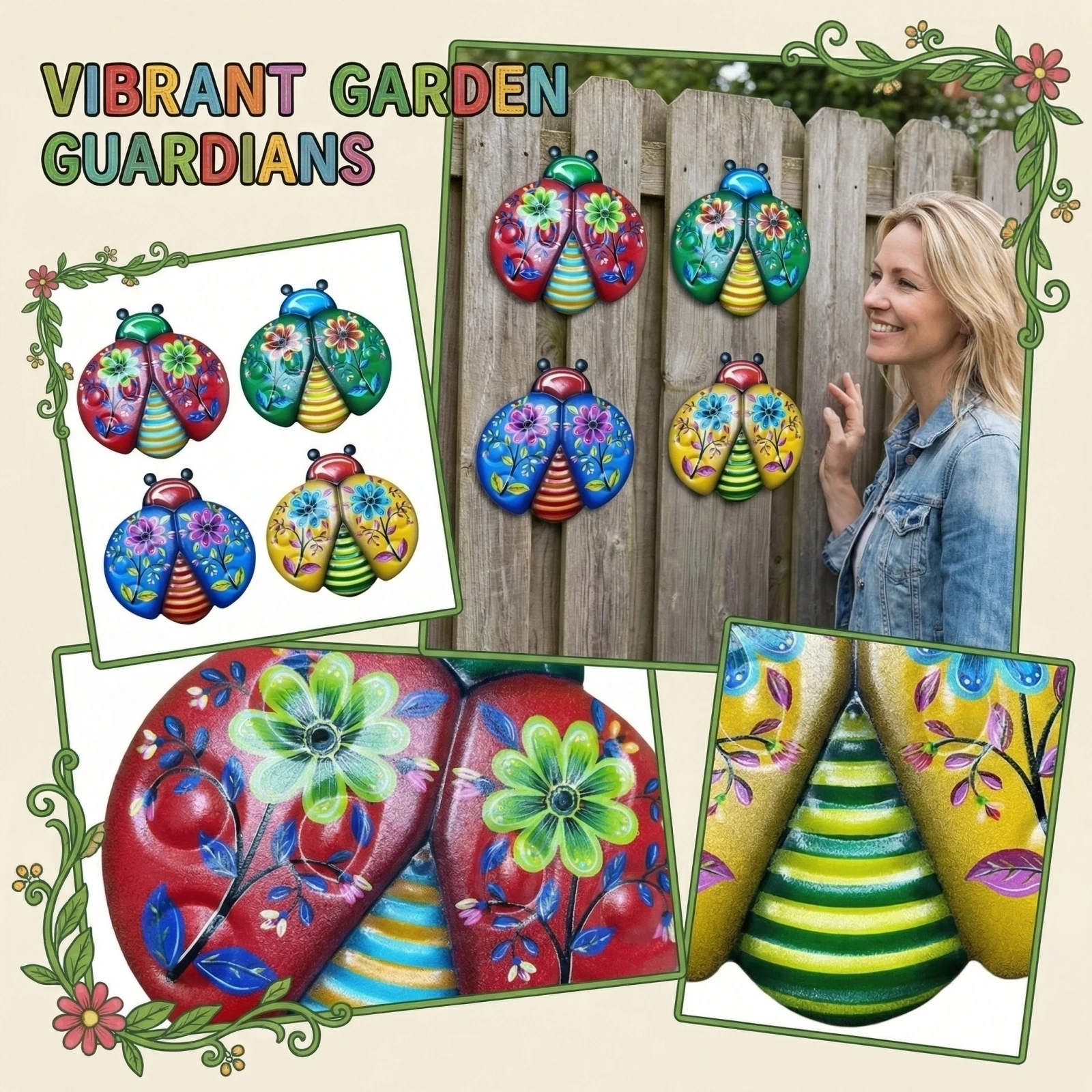 

4pcs Colorful Metal Ladybird Art Wall Decor Outdoor Garden Insect Hanging Decoration Ornament, Waterproof and Rustproof