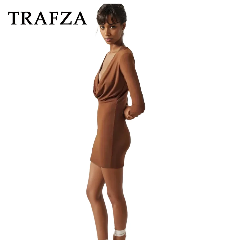 TRAFZA 2024 Spring Summer Sexy Draped Women Dresses Fashion Elegant Slim V Neck Solid High Waist Chic Nightclub Mini Dresses