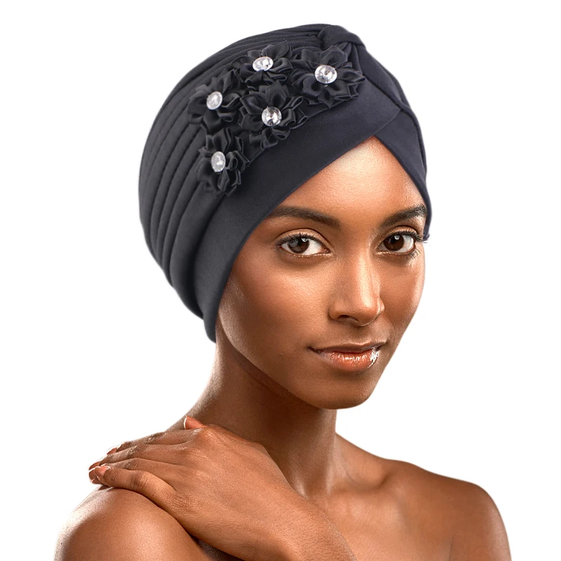 New Elegant Women Rhinestoned flower Turban Bonnet Muslim Hijab Headscarf Caps Pleate Ruffle Turban Chemo Cap Wedding Beanie