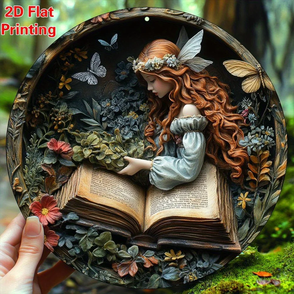 2D Metal Wall Decor 8x8 Inch, Floral Fairy Book Round Aluminum Sign, Spring Summer Home Office Garden Gift for Mother's
