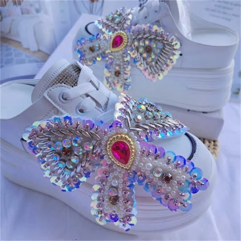 

New Baotou half support thick sole women's shoes fashion rhinestone small slip-on women's shoes