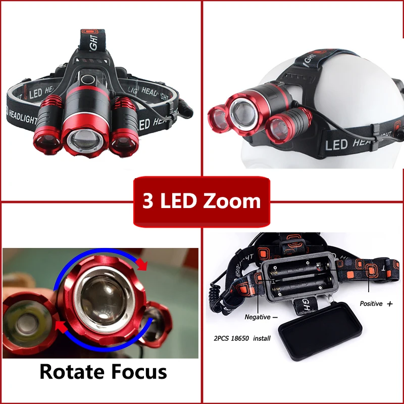 3 LED Headlight Powerful USB Rechargeable Zoom Headlamp Fishing Head Lamp Torch Waterproof Hunting Camping outdoor Lantern Z70