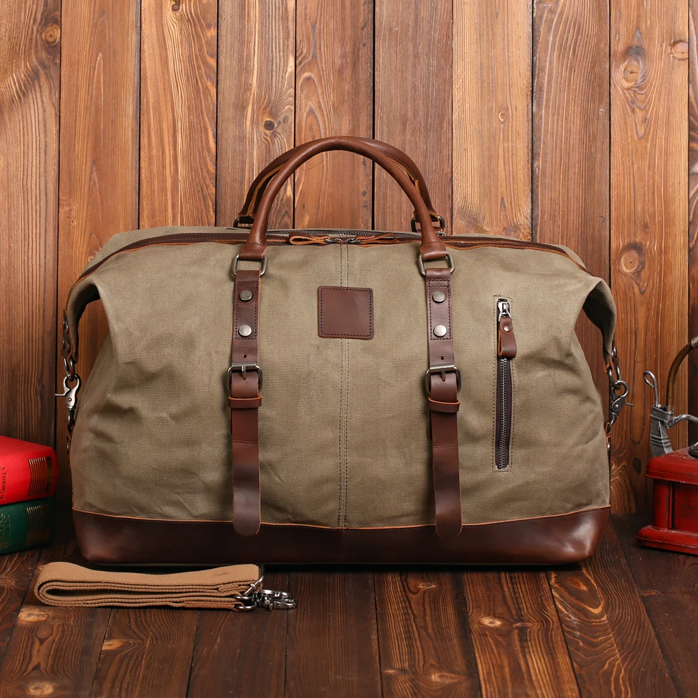 Large capacity fashion simple canvas with leather waterproof duffel bag