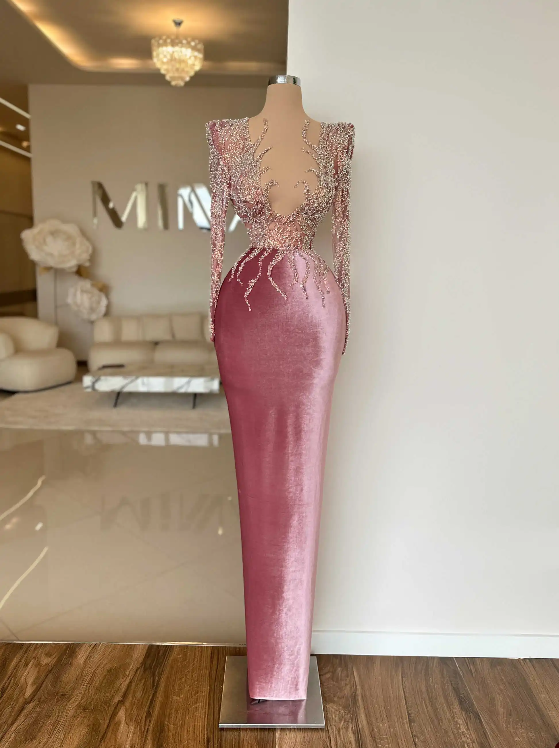 Sparkly Evening Dresses Beads Sequins V-neck Irregular Velvet Long Sleeves Floor Length Prom Dress Vestido De Noite Customized