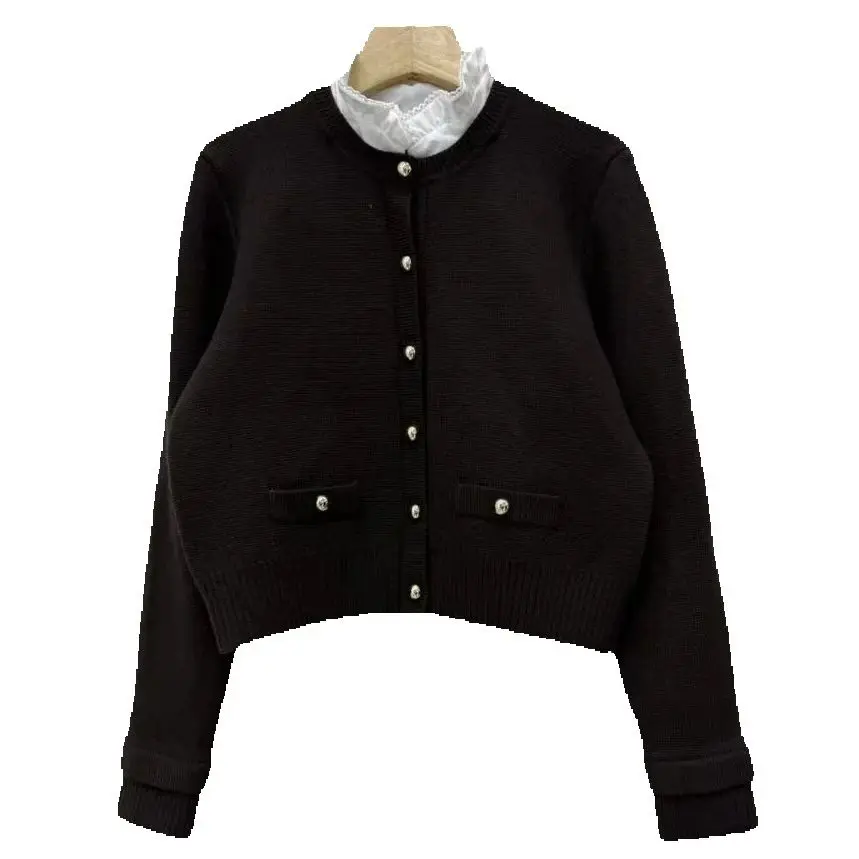 

Spring Women Ruffled Collar Long Sleeve Single-breasted Lace Trim Buckle Solid Knit Cardigan Loose Elegant Fashion Sweater