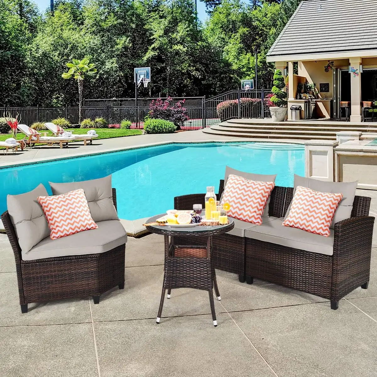 4 Pieces Patio Furniture Set Outdoor Rattan Wicker Conversation Set with Cushions and Coffee Table, L-Shape Sectional Curved Sof
