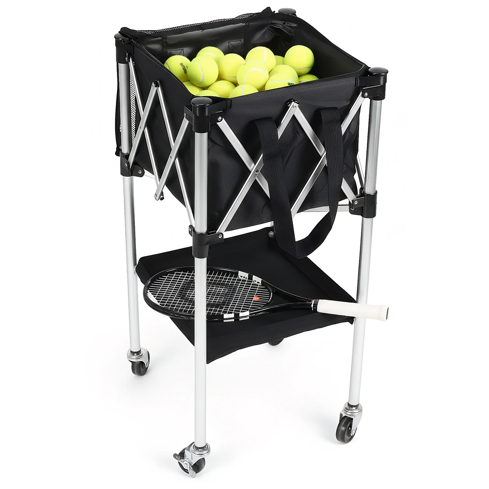 

Tennis Ball Basket Foldable Portable Pickleball Baseball Hopper Basket with Wheels with Storage Bag for Serve Training