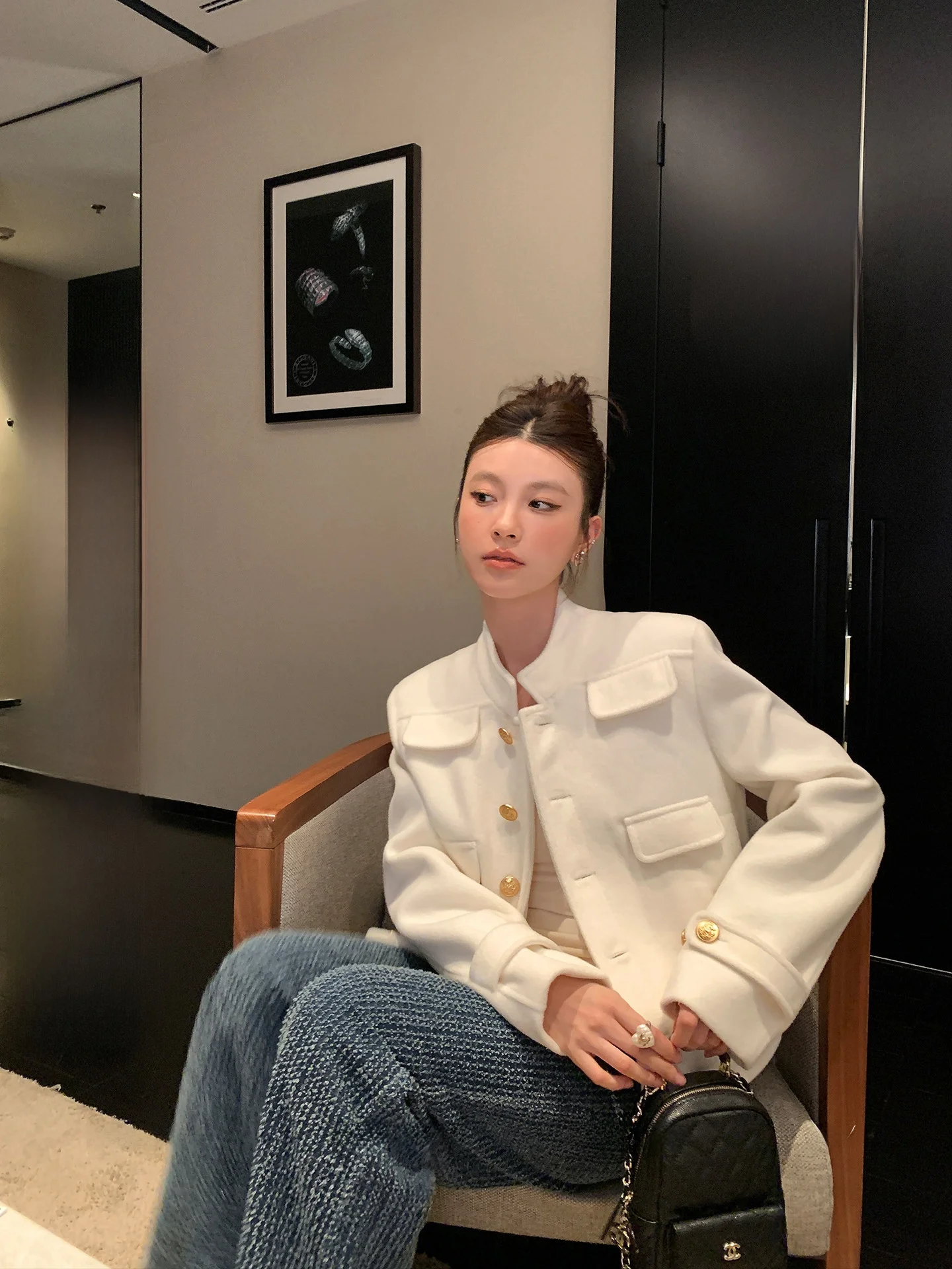 

Шерстяное пальто LIONE Barn Qianjin Ele ortoulder в стиле Small Fragrance, прямого кроя, с длинными рукавами, для молодежи.