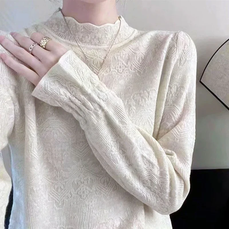 

Французский романтический кружевной воротник с кружевной базовой рубашкой Шикарный жаккардовый свитер с длинными рукавами Свободный полый топ