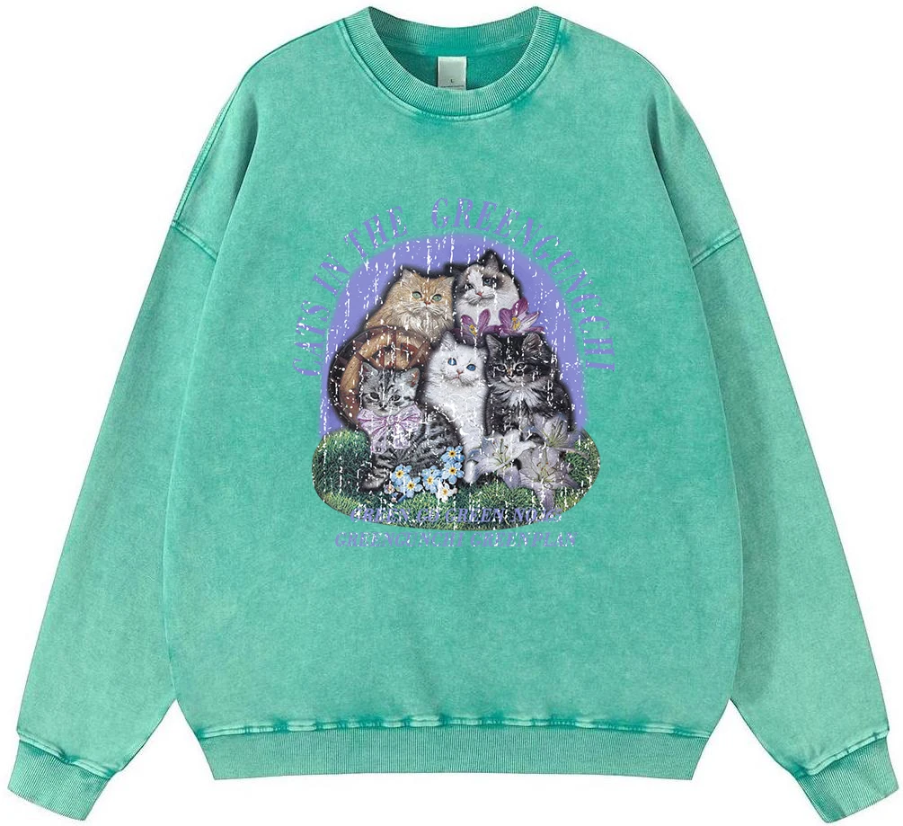 Cats In The Greengungchi Mens Vintage Washed Cotton Sweatshirt Casual Loose Pullover Warm Fur-Liner Hoodie Simple