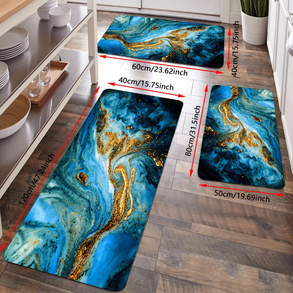 Blue Turquoise Gold Marble Kitchen Floor Rug Set Abstract Art Entrance Doormat Flannel Non-Slip Bath Mat Carpet Bathroom Decor