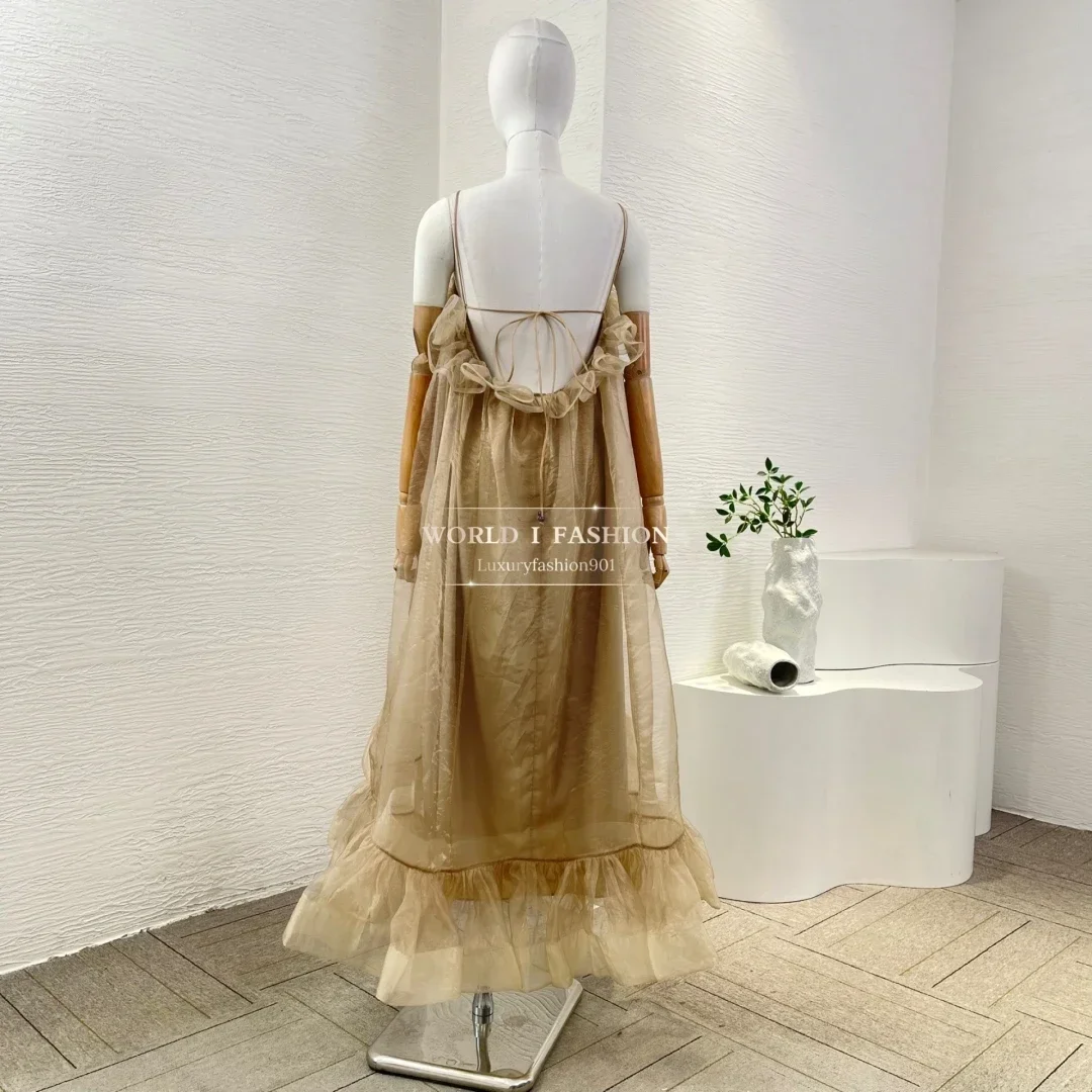 فستان متوسط الطول بطباعة رمادية عالية الجودة بدون أكمام 2025