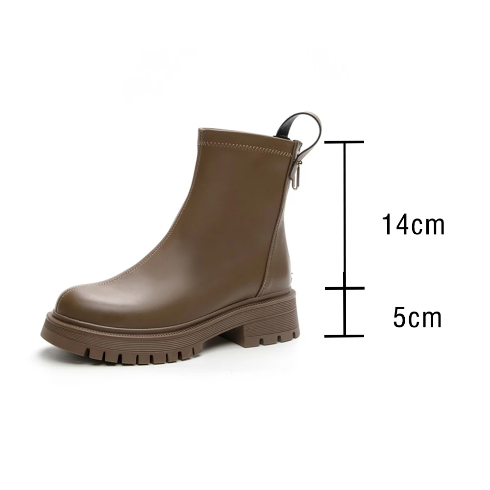 Taoffen Genuine Cow Leather Women Ankle Boots Thick Sole Chunky Heel Zipper Work Shoe Ladies Flats Fashion Platform Lady Boots