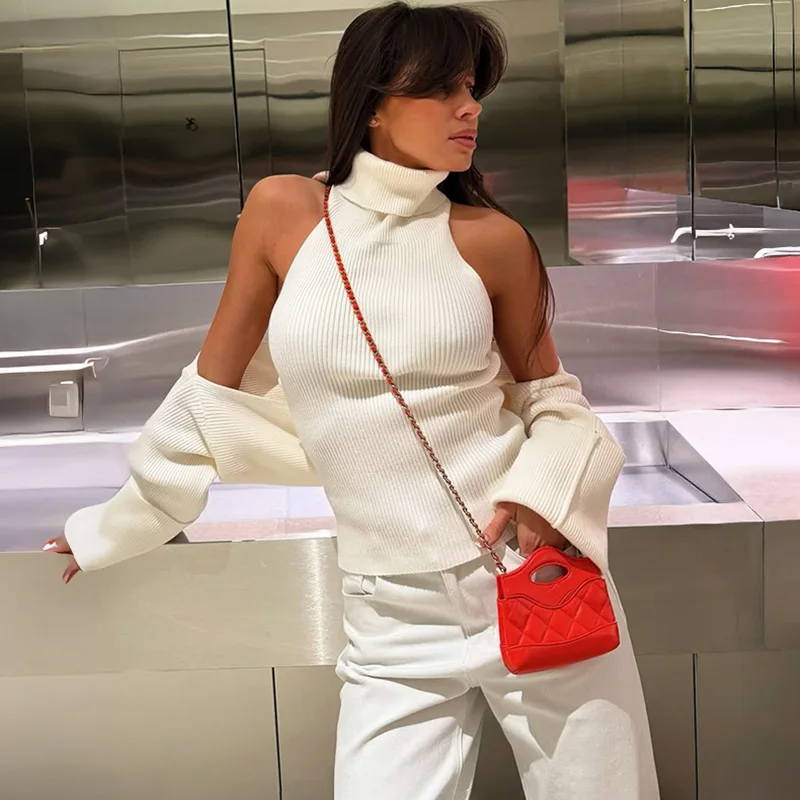 

Ticketsx Two Piece Set Knit Top Women Turtleneck Patchwork Sleeveless Ribbed Shawl Sweater Vest Set Vintage Streetwear Clothing