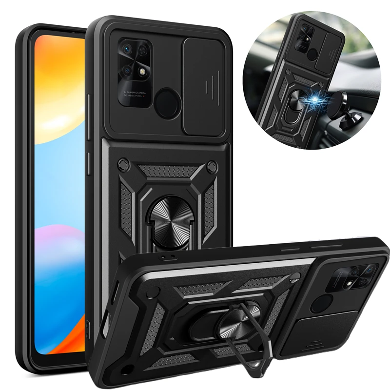 For Poco C40 Case Shockproof Slide Camera Armor Phone Case On For Xiaomi Poco C40 PocoC40 C 40 Magnetic Holder Ring Back Cover