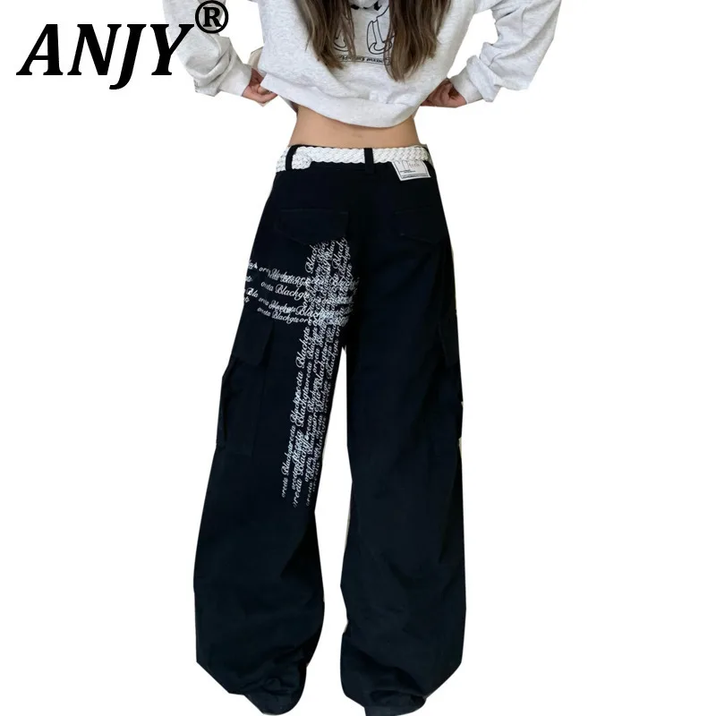 

ANJY, осенние новые женские американские потертые прямые свободные модные джинсы Y2K, модные повседневные универсальные шикарные джинсовые брюки-карго A12049