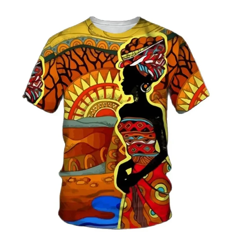 Camiseta de manga curta com padrão de dança africana masculina, tendência retrô, moda lazer diário, estilo esportivo, tops soltos com gola redonda confortáveis